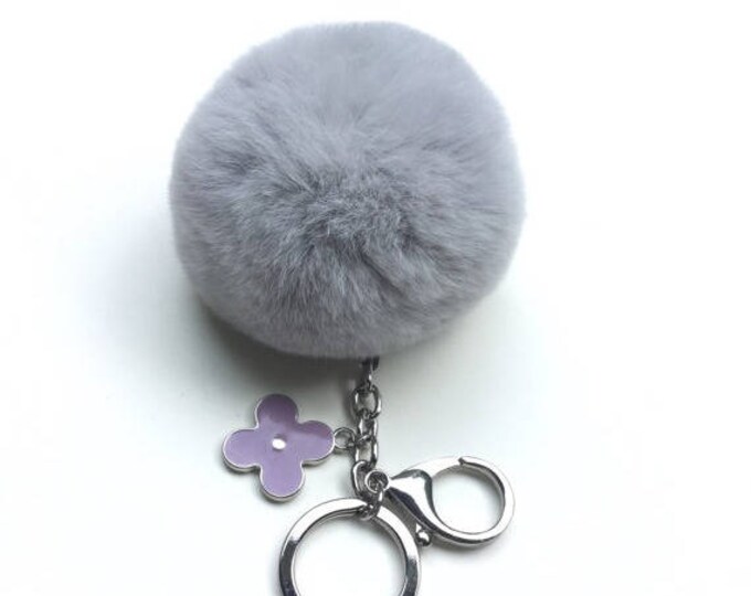 Oxford Grey fur pom pom keychain REX Rabbit fur pom pom ball with flower bag charm