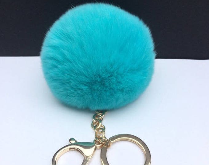 DIY Make your own Aqua Blue Real Genuine Rabbit fur pom pom keychain puff ball charm keyring