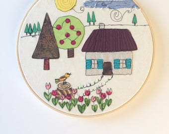 Embroidery landscape on circle embroidery - door decoration - textile painting