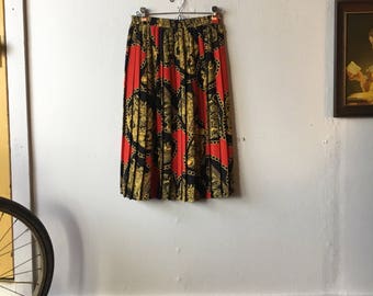 90's Versace Style Midi Skirt| Baroque Style Chains & Lions | Vintage Pleated Skirt | Red and Black Pleated Skirt | High Fashion