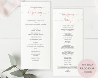 Printable Blush Pink Tall Program Template - Wedding Program Download - Editable PDF - Wedding timeline - Ceremony -4x9 inches - #GD1602