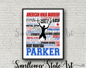 Personalized American Ninja Warrior Poster, Typography, American Ninja Warrior Gift, American Ninja Warrior Birthday, Obstacle Course Art