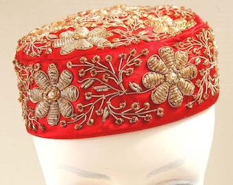 Vintage Beresford Red cocktail hat - Mid-century Boho - Gypsy sparkles – Turkish Harem - Belly Dance Costume - 1950s – Hand beaded