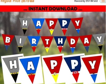 60% OFF SALE Superhero Happy Birthday Banner, Large Pennants, 1 per page, 60 Percent savings Party Decorations, instant download, cupcake t