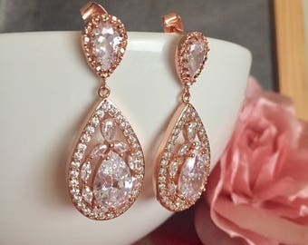 Rose gold bridal earrings wedding earrings wedding Jewelry Long Peardrop earrings bridal earrings long bridal jewelry bridesmaid gift