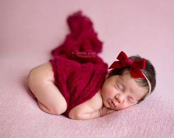 RUBY VINTAGE VELVET Hand-tied Bow (Headband or Clip)- velvet bow headband; velvet bow; newborn headband; baby headband; toddler bow