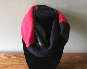 Upcycled triple loop cashmere infinity scarf #53. Red, black and grey felted cashmere infinity scarf.