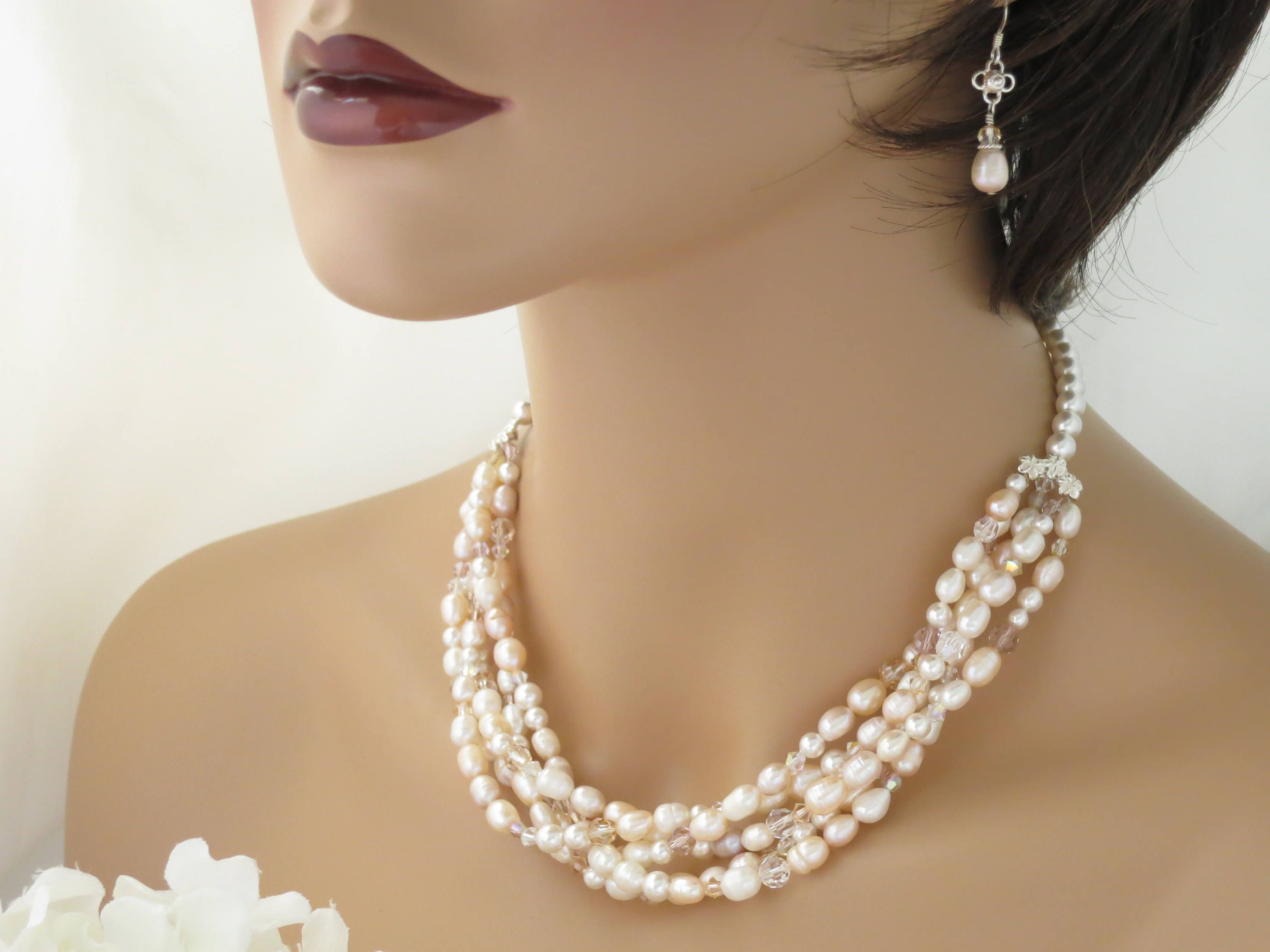 Pearl necklace set Wedding jewelry set Pink pearl multi
