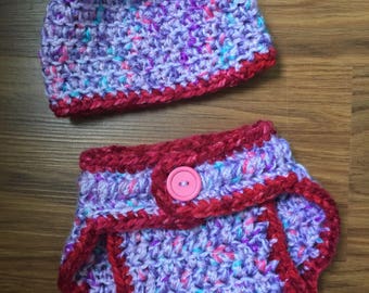Crocheted newborn diaper cover and hat