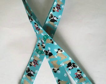 Turquoisey blue PUG in jacket coat ribbon Lanyard whistle ID badge holder breakaway fastener swivel lobster clasp handmade birthday gift