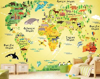 Explorer World Map Wall Mural, Children Map with Animals, Wallpaper, Wall décor, Wall decal, Nursery and room décor, Wall art