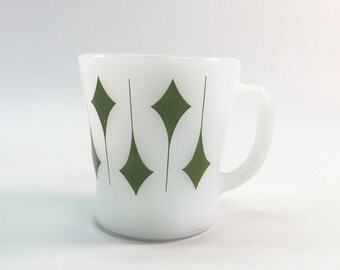 Vintage Milk Glass Mug Green Diamonds Anchor Hocking Fire King