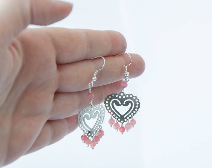 Pink chandelier earrings, Gift for wife birthday, Valentine day gift for wife, Pink stone earrings, Opal birthstone earrings