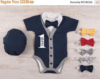 LATE SHIP SALE First Birthday Outfit Boy, Personalized Short Sleeve Navy Cardigan, Bodysuit, Hat & Bow Tie Set, 1st Birthday Boy Outfit, Bow