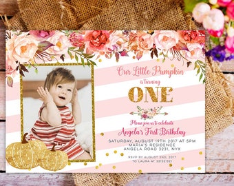 pink and gold pumpkin first birthday invitation, our little pumpkin is turning one invitation, girl fall pumpkin birthday invitation,
