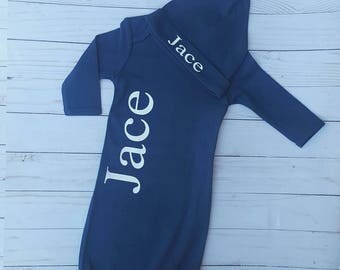 Navy Blue Personalized baby gown- monogrammed gown and hat, gown with name, beanie hat, personalized baby outfit, baby shower gift, baby boy