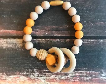 Mini Me rattle READY TO SHIP - babywearing accessory - teething clip - wood and silicone teether - Pumpkin Spice - baby shower