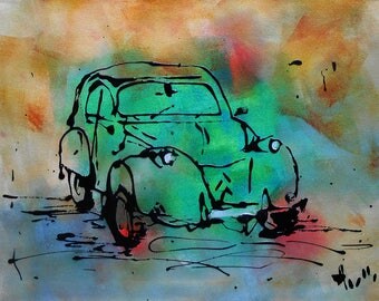 Tableau voiture 2CV verte vintage peinture acrylique toile axelle bosler
