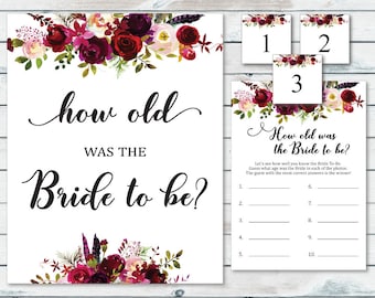 Guess The Bride's Age Printable, Floral Bride's Age Guessing Game, How Old Was The Bride To Be, How Old Is The Bride Printable Game