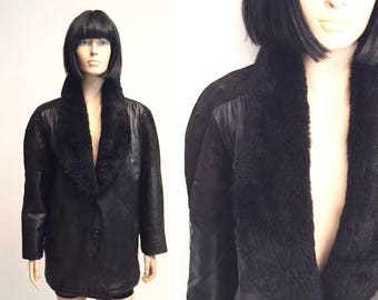moving sale % Vtg 80s Leather Real Fur Collar Jacket Coat