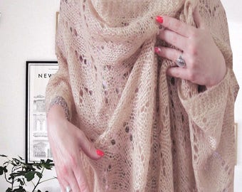 Gift-for-her-Gift-for-mom-Wedding-Gift-Scarves-Beige Scarf-Lace shawl-Wool-knit-shawl-Gift-for-wife-Personalized gift- Women's-Scarves-Knit