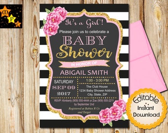 Baby Shower Invitation Girl, Girl Baby Shower, Pink and Gold Baby Shower Invite, Shabby Chic Flowers, Floral, Editable, Instant Download DIY