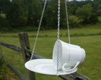 Upcycled White Floral Tea Cup Bird Feeder