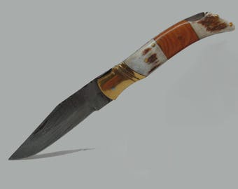 Stag Avenger Gozen Knives Damascus Folder back lock folding knife Stag handle high quality brass bolster beautiful unique gift idea