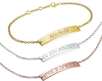 Personalized Bar Bracelet, Engraved Bracelet, Roman numerals Custom Name Gold Bar Bracelet Nameplate, Monogram Bracelet, Bridesmaid