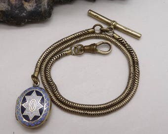 Antique Edwardian Pinchbeck Gentleman's watch chain and Enamel Mourning Locket