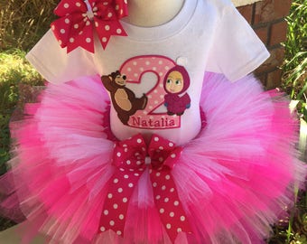 Masha and the Bear Birthday Tutu Outfit Dress Set Handmade in Pinks and White 1st 2nd 3rd