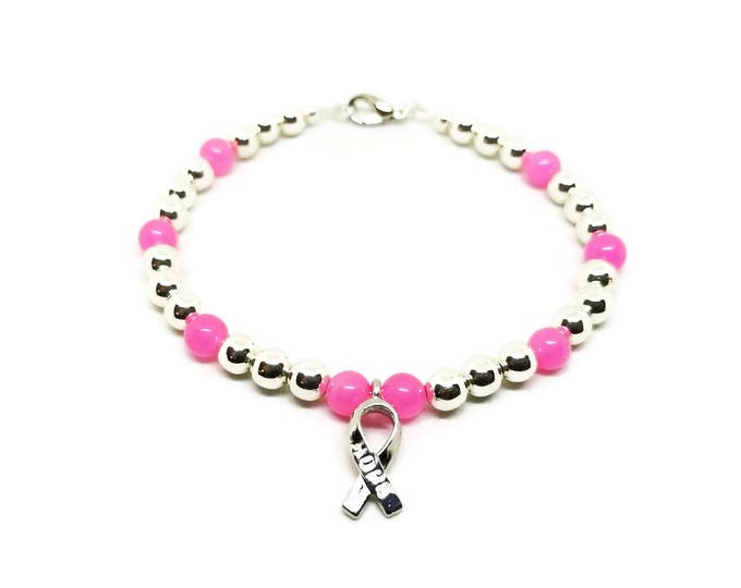 Pink Ribbon Bracelet, Breast Cancer Awareness Bracelet, Pink Ribbon Jewelry, Breast Cancer Jewelry, Hope Awareness, Pink and Silver Beads