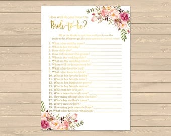 Gold Boho How Well do you Know the Bride to Be Game, Printable Pink Gold Floral Know the Bride Activity, Bohemian, Instant Download, 110-G