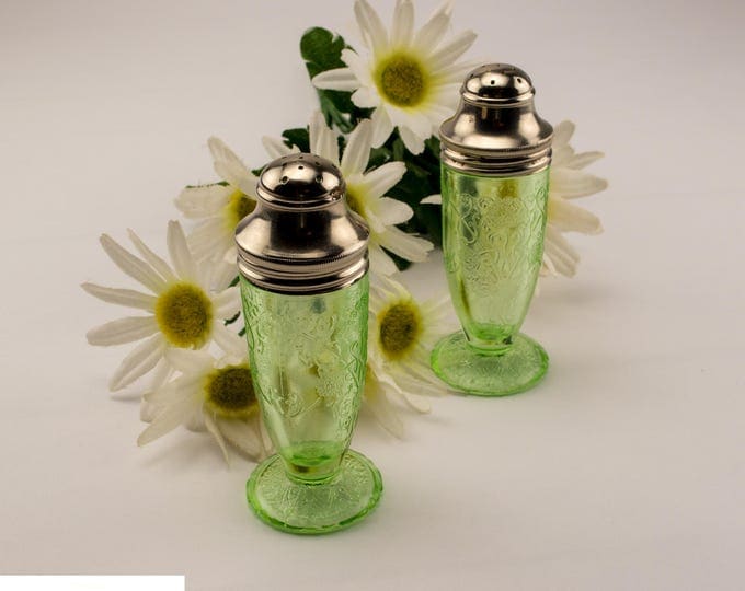 Vintage Salt & Pepper Shakers | Hazel Atlas Florentine 1 Pattern | Green Depression Glass