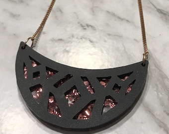 Perspex Statement Necklace, Laser Cut Layered Acrylic Statement Necklace, Stainless Steel Rose Gold Necklace, Minimalist Jewellery