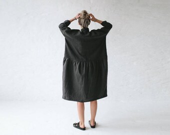 LINEN dress OVERSIZED dark grey LOOSE dress one size