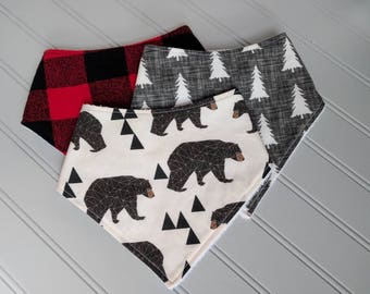 Baby Bandana Bib Set | Buffalo Plaid Bandana Bib | Bear Bandana Bib | Lumber Jack Baby | Boy Bandana Bibs | Baby Gifts