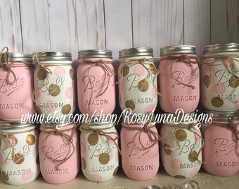 Pink and gold baby shower mason jars, gold polka dots, home decor, nursery decor, birthday centerpiece