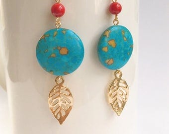 Turquoise disc Coin Earrings, Gold leaf Earrings