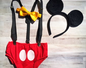 Mickey Mouse Cake Smash Outfit / Mickey Mouse Ears Smash Cake Set / Mickey Mouse Birthday Outfit Baby Boy / Mickey Mouse Suspenders Outfit