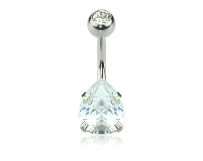 Double Gem Prong Set Tear Drop CZ 316L Surgical Steel Navel Ring