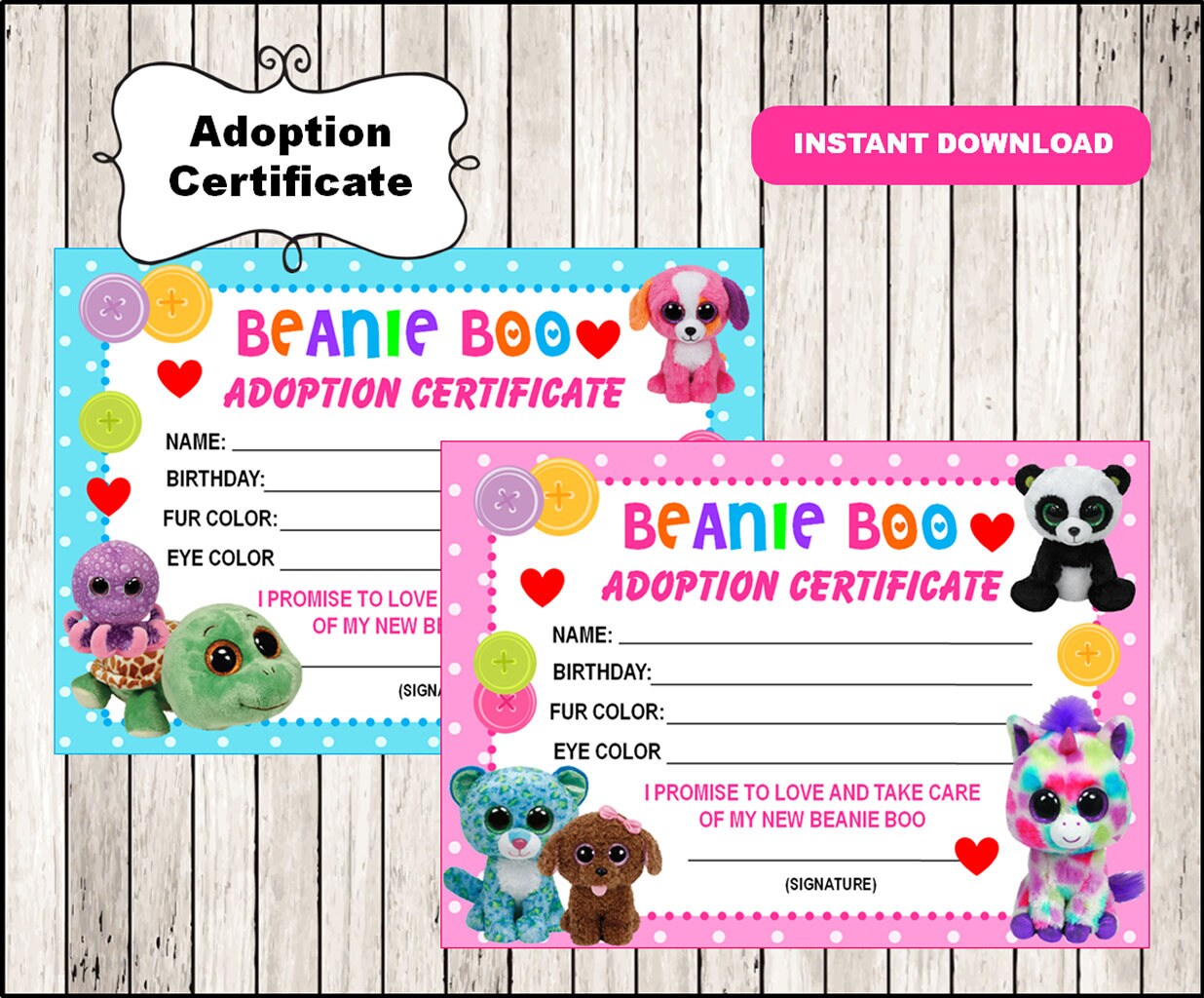 Beanie Boo Adoption Certificate instant download Printable