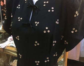 Tri-cluster black wool crepe studded 1940's dress...brassy little studs!