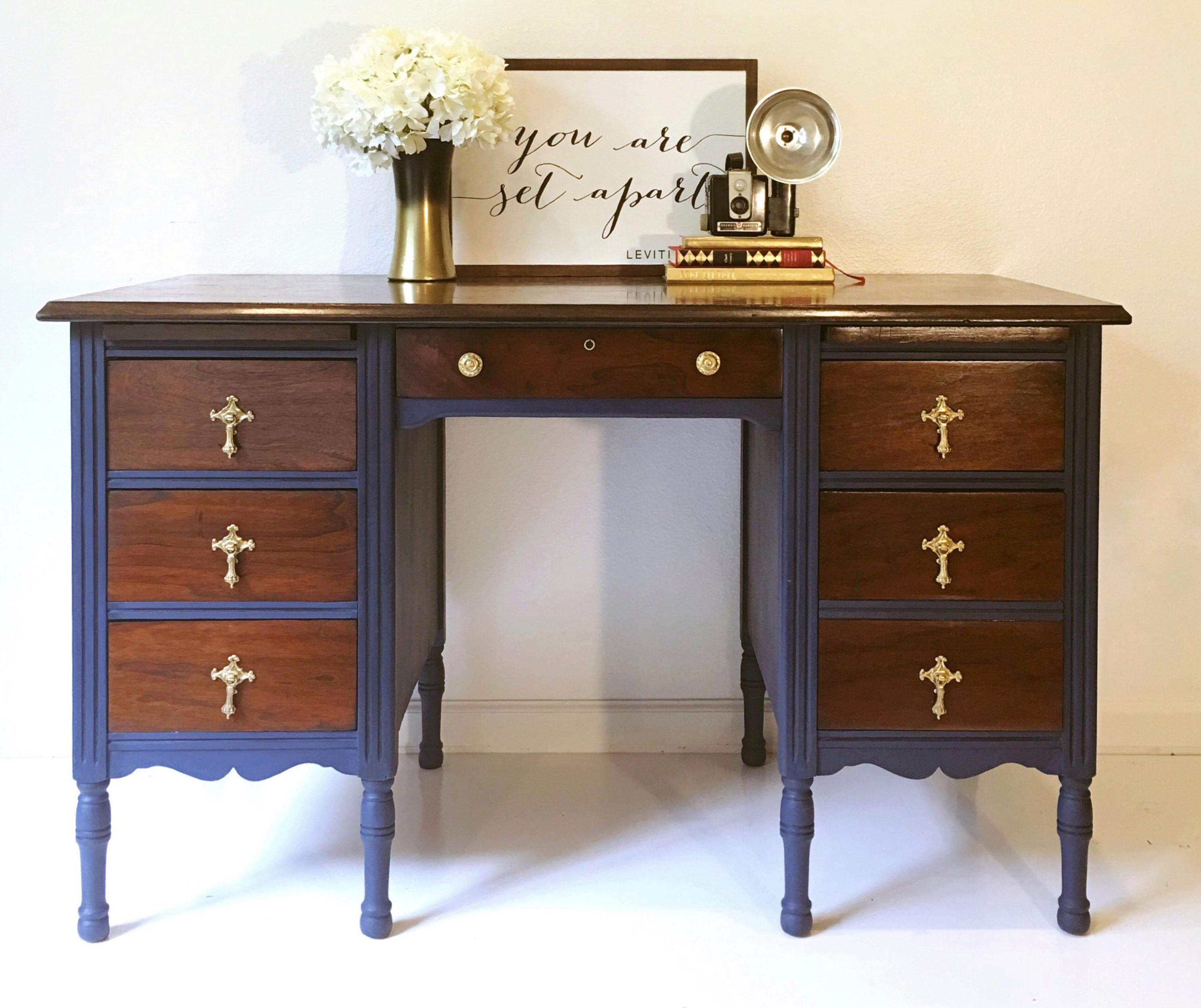 Vintage Desk Painted Navy Blue and Wood Stain Office Desk
