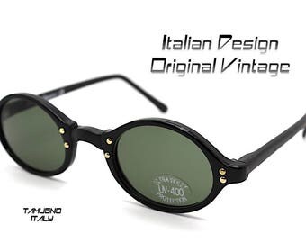 Occhiali da sole uomo donna tondo ovale nero lente verde bottiglia, Sunglasses men steampunk round oval frame black lens green bottle