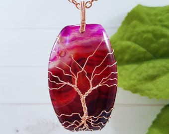 Boho Chic Jewelry, Copper Tree of Life, Long Necklace, Wire Wrapped Jewelry, Pink Agate Necklace, Bridesmaid Gift, Back to School Jewelry
