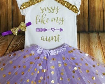 Baby Shower Gift Baby Girl Gift Baby Girl Clothes Newborn Girl Outfit Aunt Onesie Coming Home Outfit Sassy Like My Aunt Shirt Purple Gold