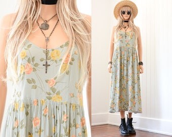 90s Floral Dress 90s Grunge Dress Floral Maxi Dress Rayon Dress 90s Dress Floral Dress Vintage 90s Clothing Boho Dress Rose Floral Dress S