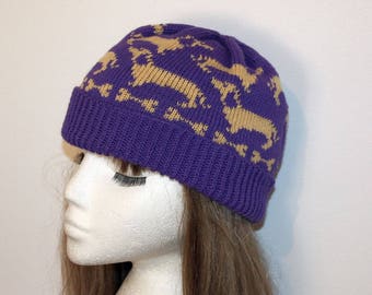 Purple with Beige Dachshunds Beanie Hat - with or without Pompom