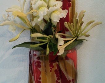 Glass pocket vase, wall vase, fused glass vase in reds and orange, handmade glass art, space saving wall art, beautiful hanging vase.